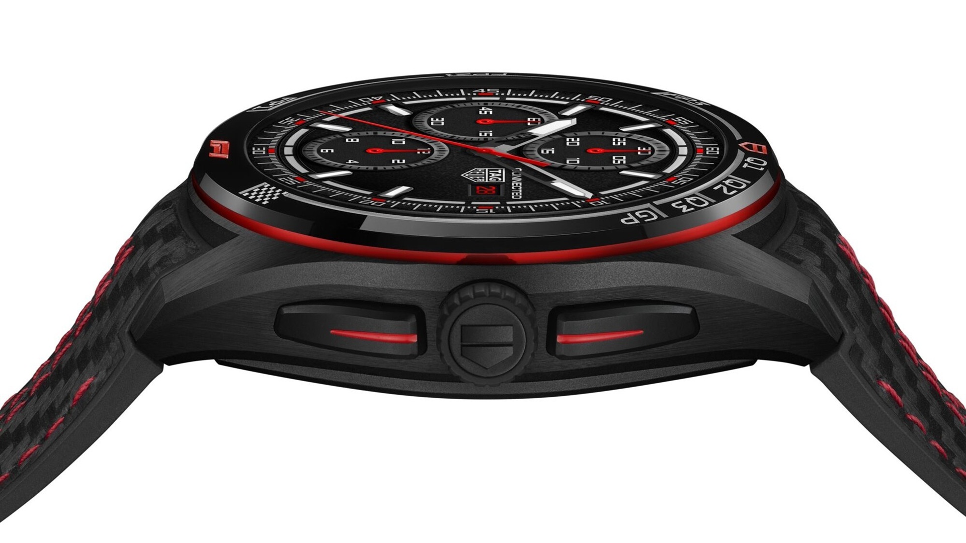 The TAG Heuer Connected Calibre E5 45mm x Formula 1® Edition caseback side view.