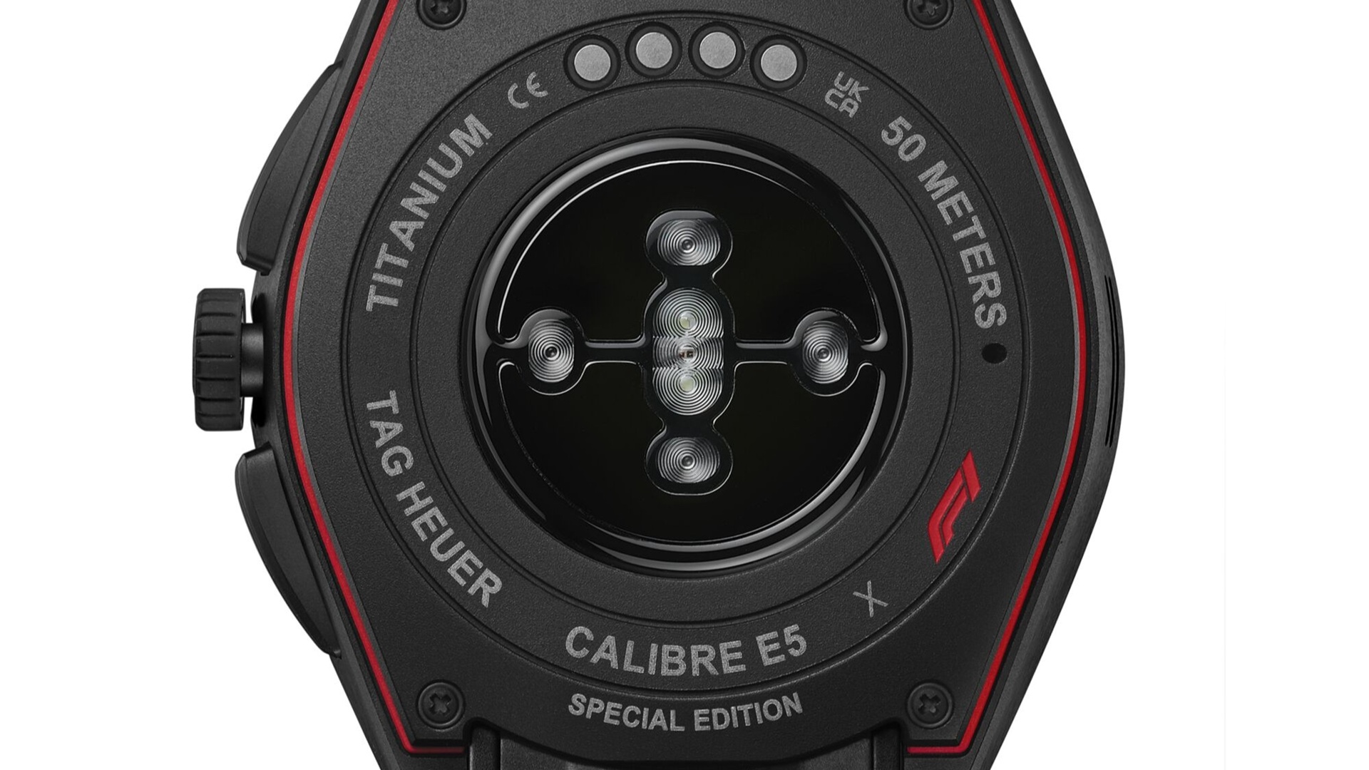 The TAG Heuer Connected Calibre E5 45mm x Formula 1® Edition caseback view.