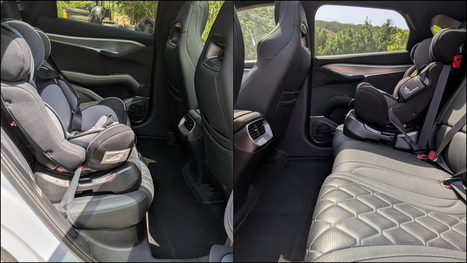 A collage of two images, showcasing the space for the rear seat passengers with a baby chair inside the BYD Sealion 7.