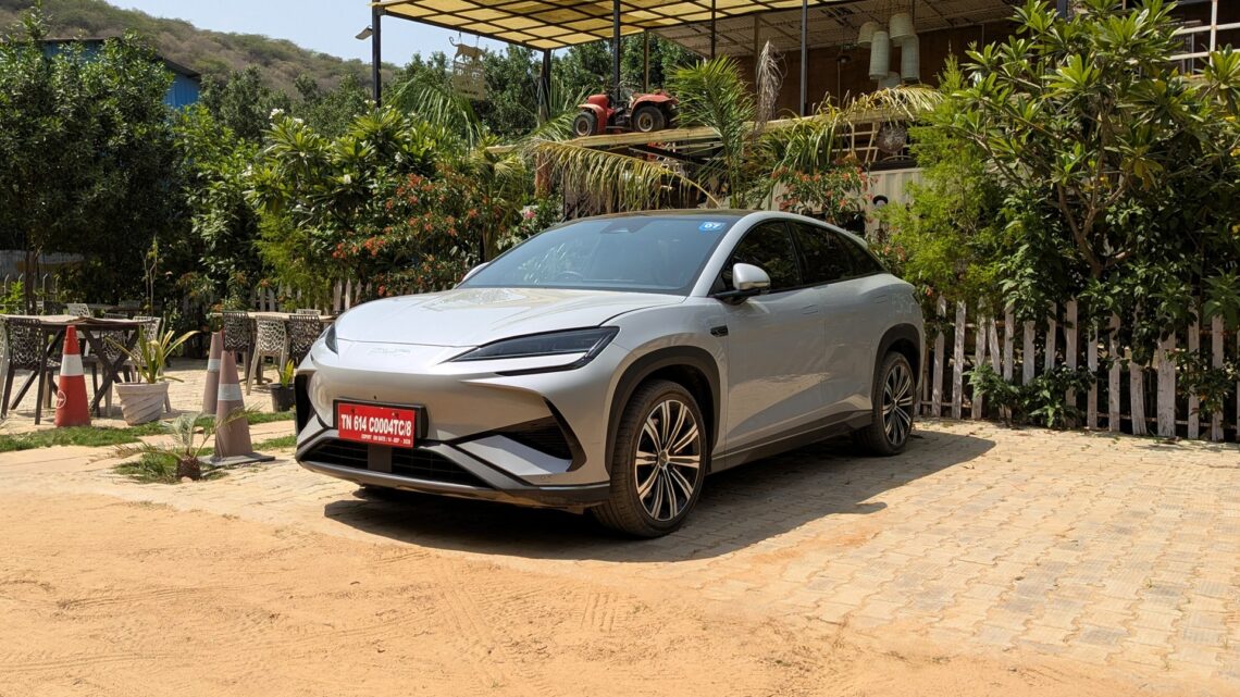 The BYD Sealion 7 parked outside a quirky cafe, located in the Gurugram Aravallis