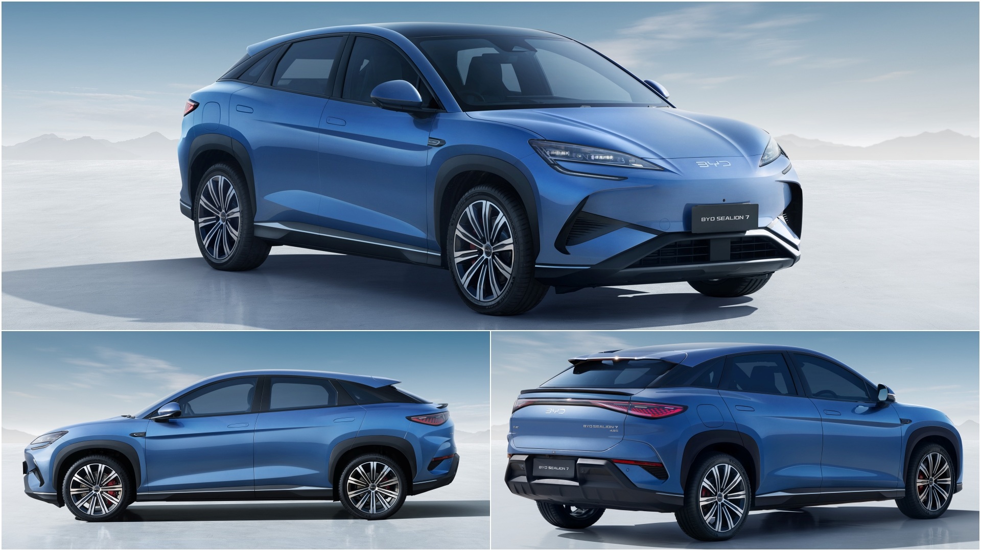 A collage of three images, showcasing the BYD Sealion 7 exterior from different angles
