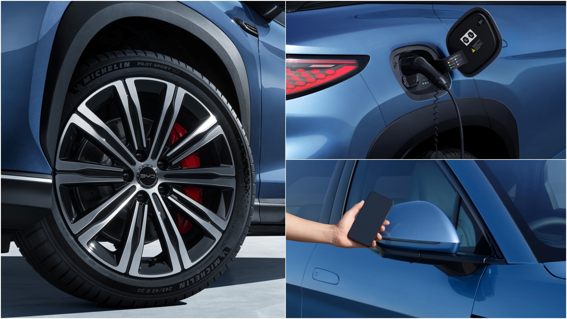A collage of three images focusing on three different features of the BYD Sealion 7: NFC, charging port, and the 20-inch wheels.