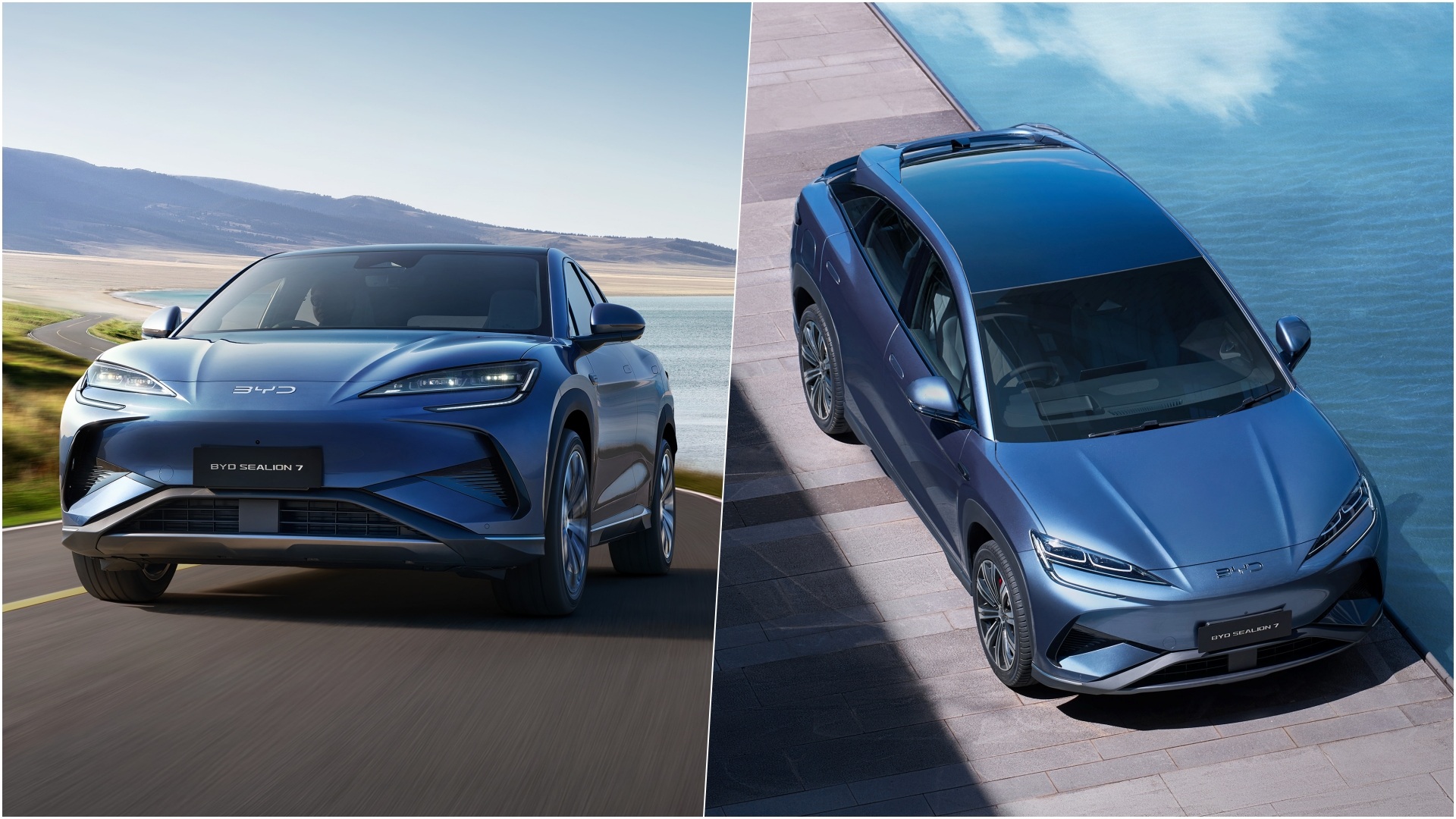 A collage of two images of the BYD Sealion 7, where on the left is a dynamic shot from the front, and on the right is a static shot focusing on the front-top section.