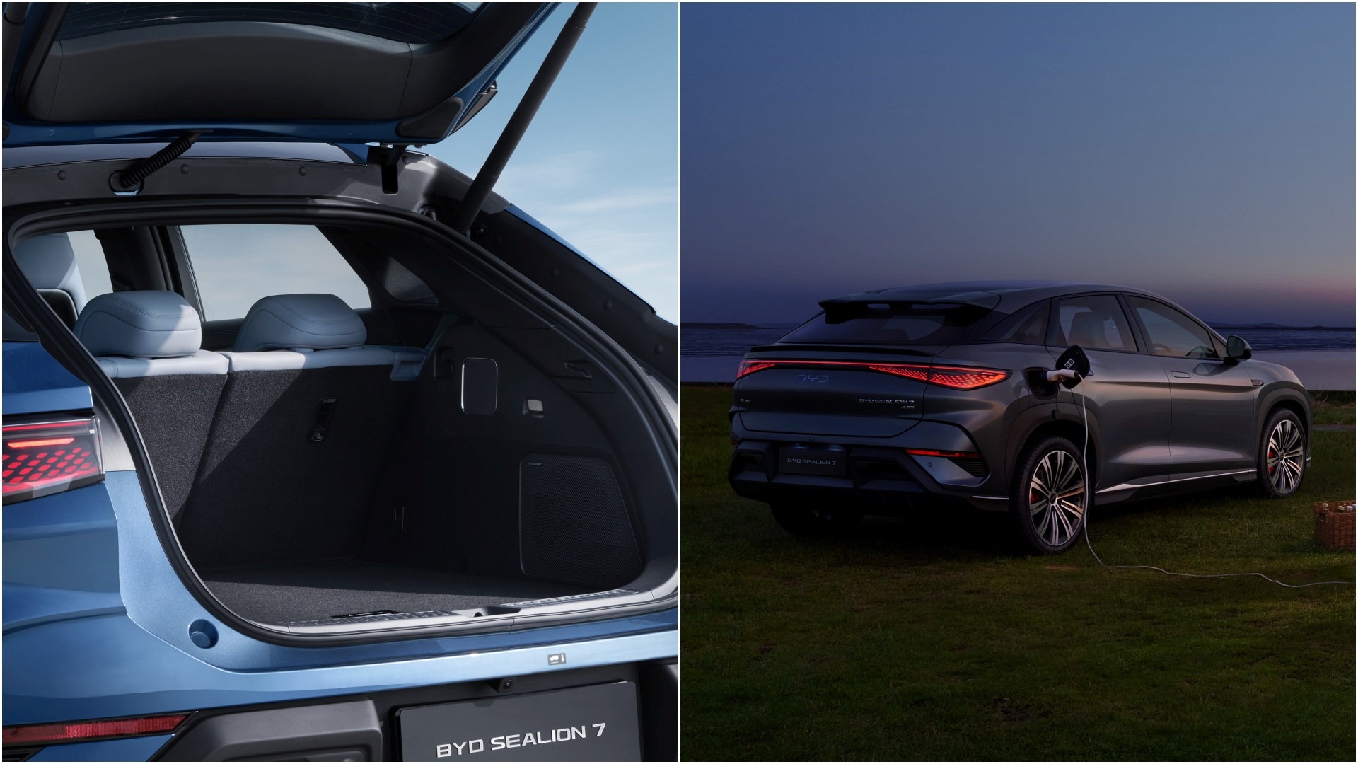A collage of two images, one for the rear luggage space and the other for the BYD Sealion 7 supplying power to external devices