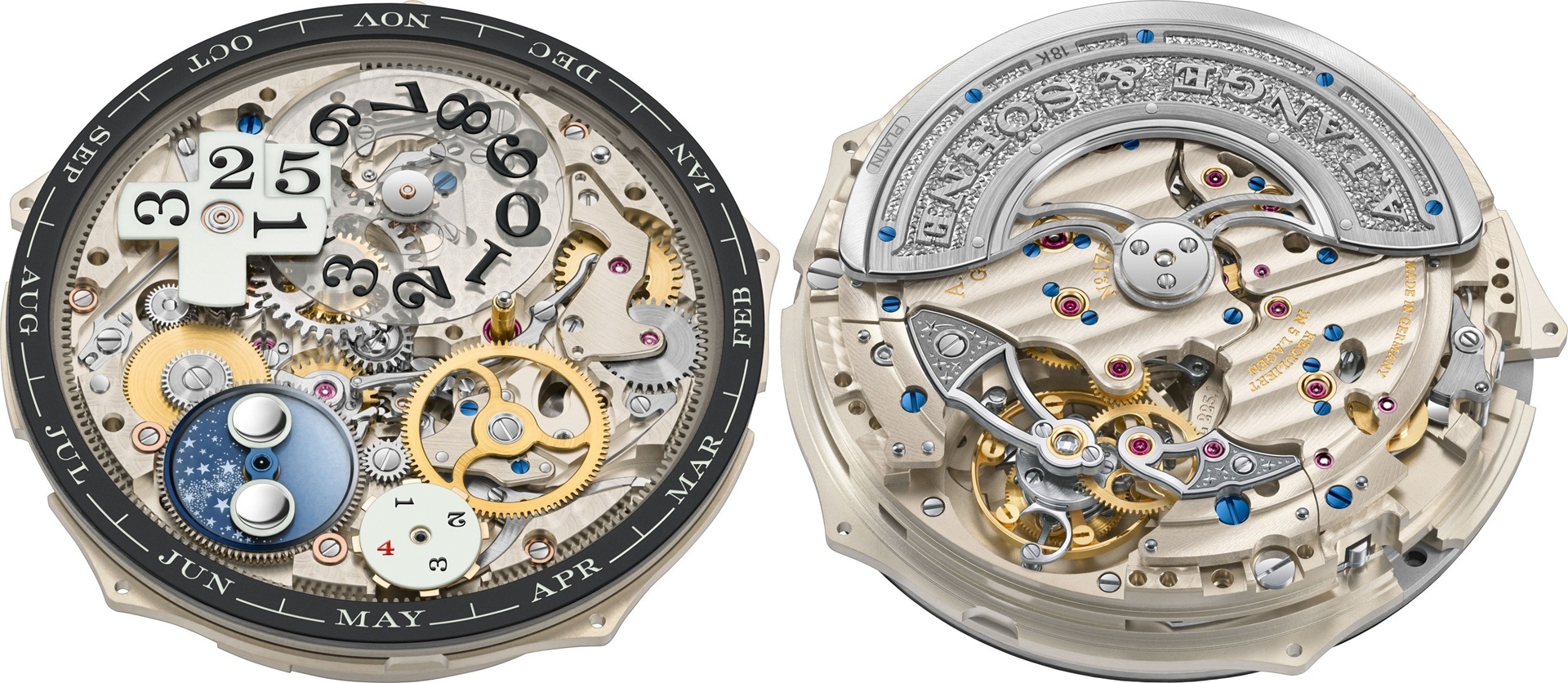 A. Lange Sohne Lange 1 Tourbillon Perpetual Calendar "Lumen" movement front and back pictures.