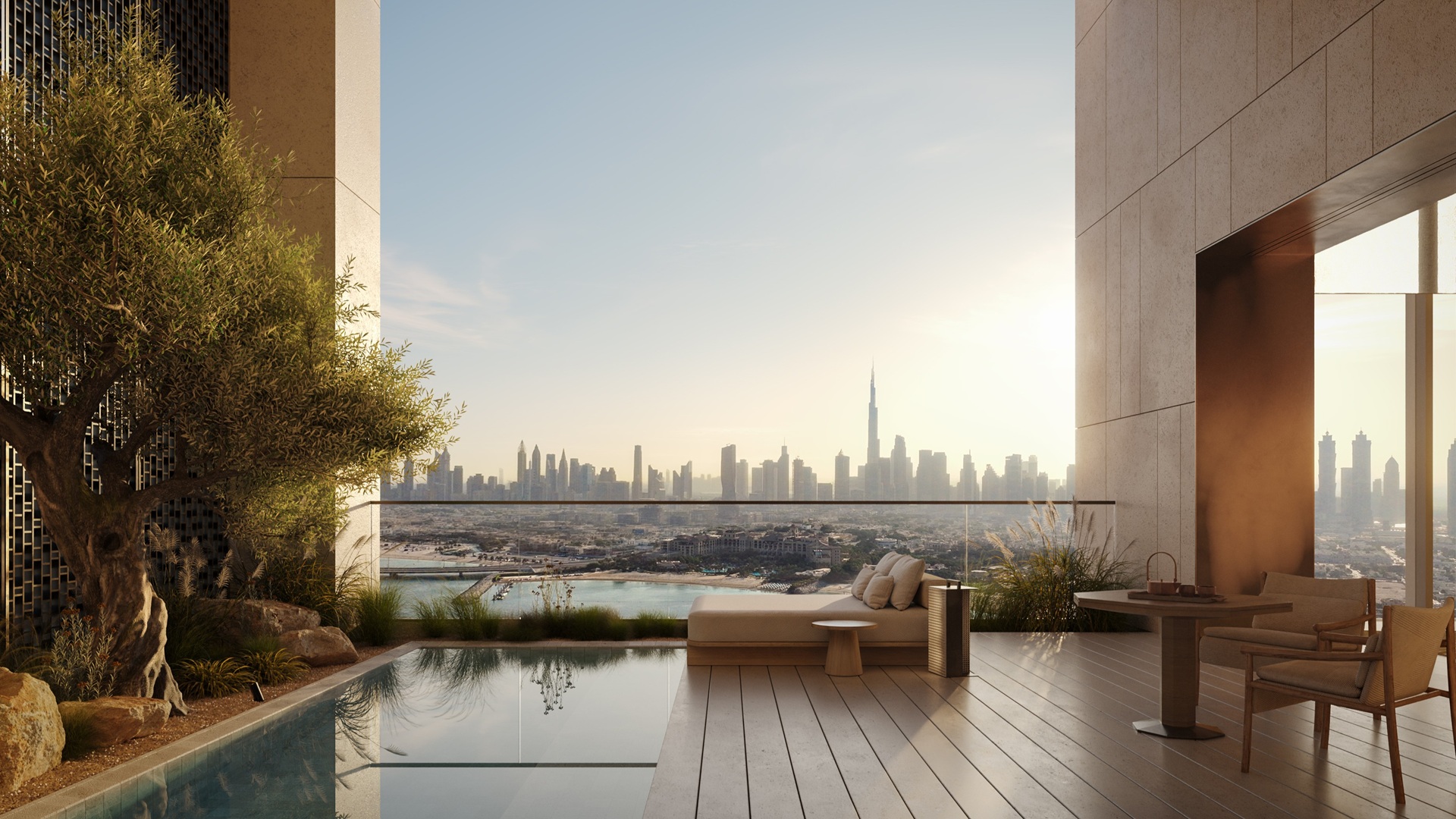 Dubai's skyline visible from the external terrace at Aman Dubai