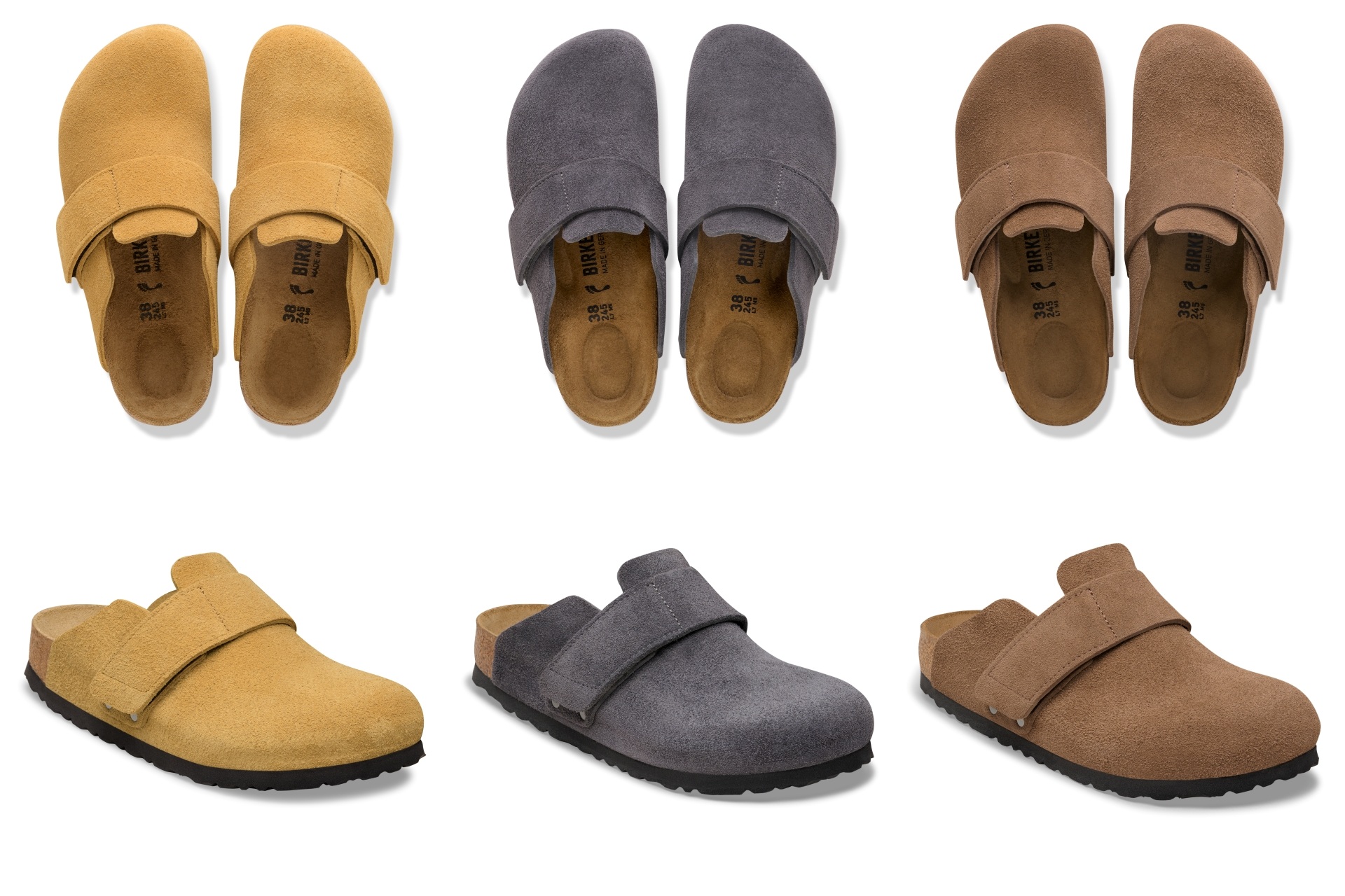 Colour options for the Birkenstock Loma footwear collection - Dark Tea, Cork Brown, and Charcoal