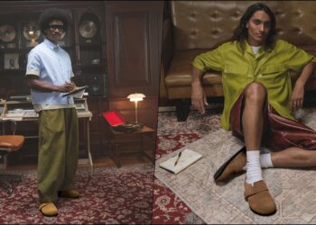 Two models wearing select colourways of the Birkenstock Loma footwear collection