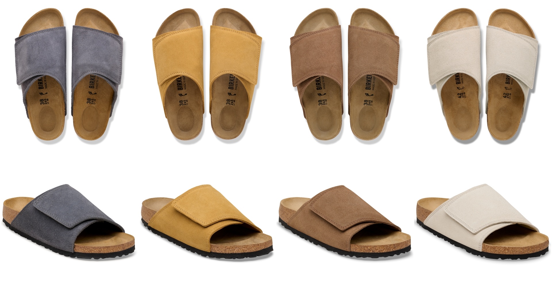 Colour options for the Birkenstock Solana footwear collection - Oyster, Dark Tea, Charcoal, and Cork Brown