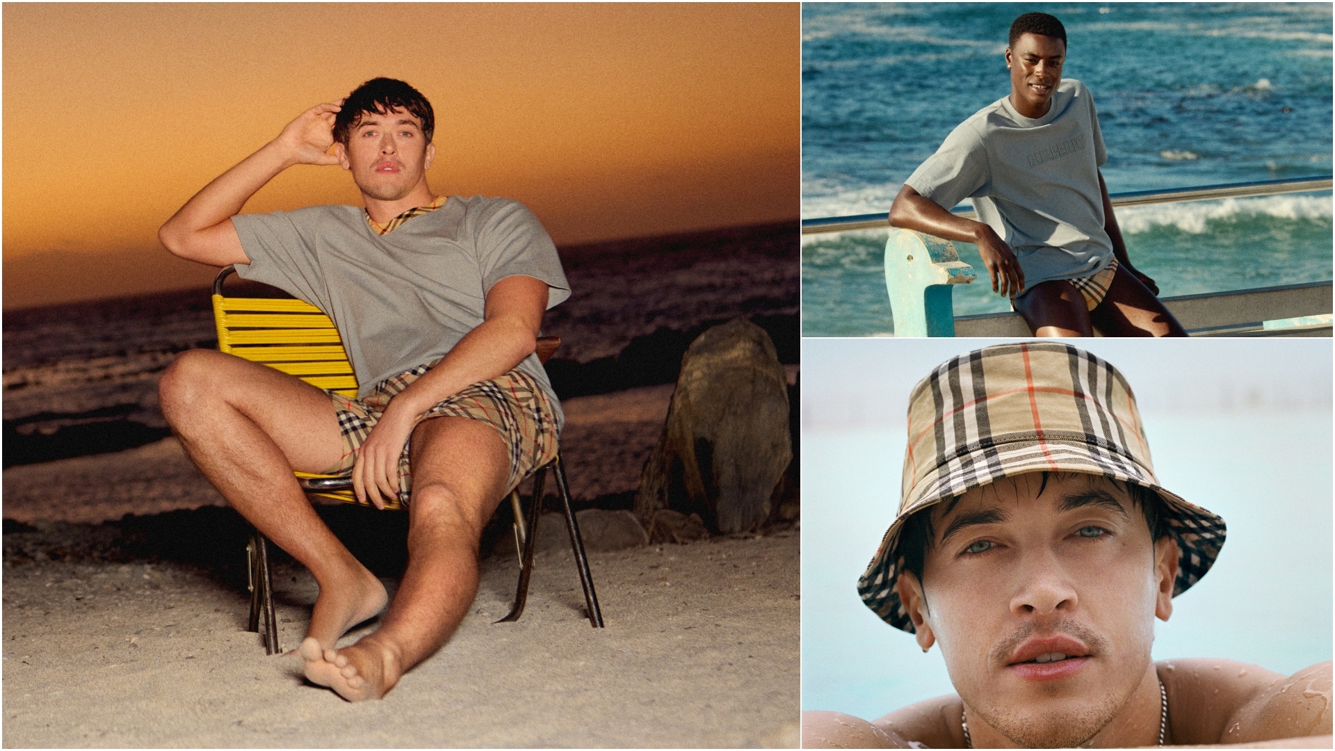 A collage of three images, all showcasing select pieces from the Burberry High Summer 2026 Men's range