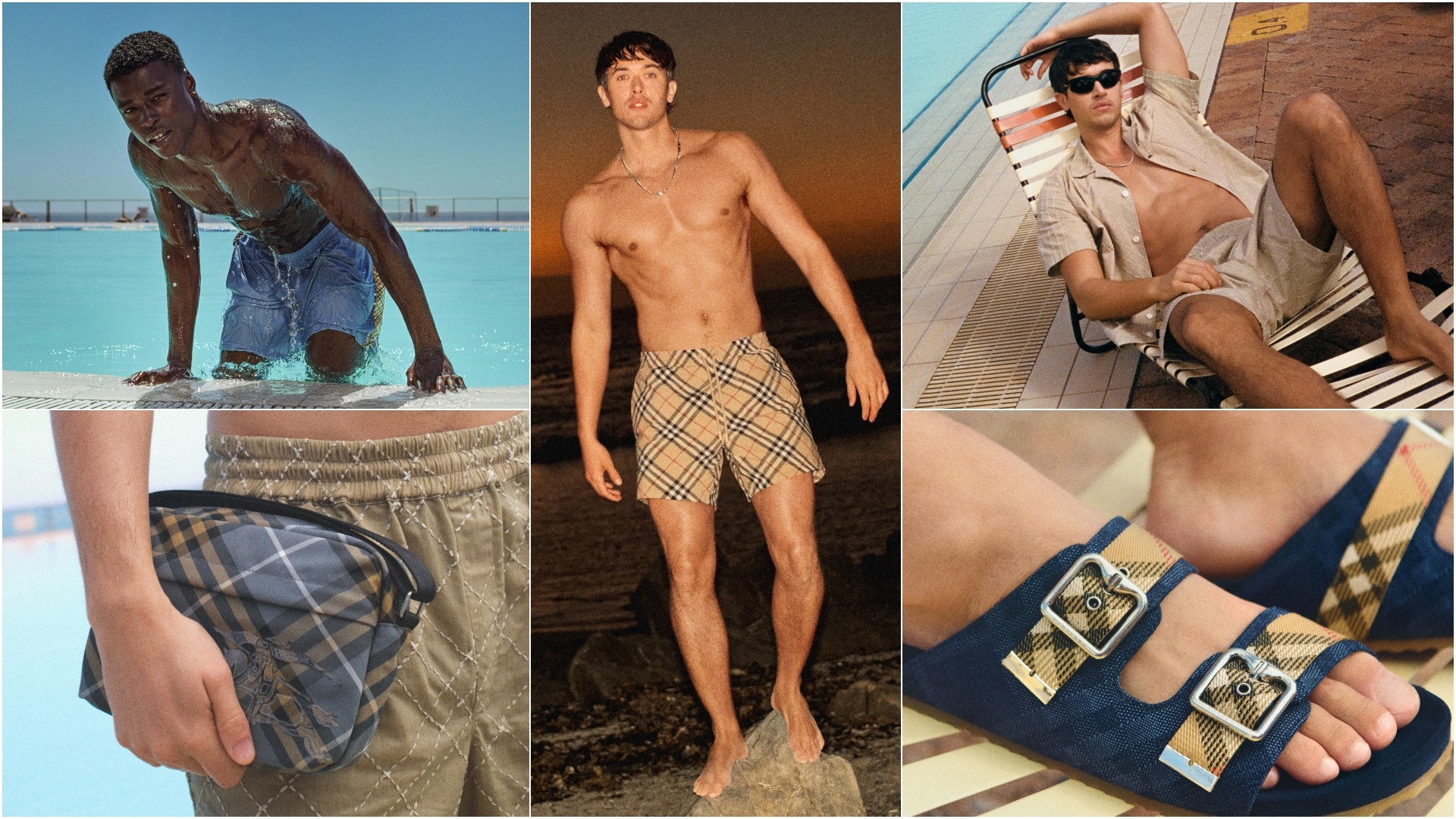 A collage of fives images, all showcasing select pieces from the Burberry High Summer 2026 Men's range