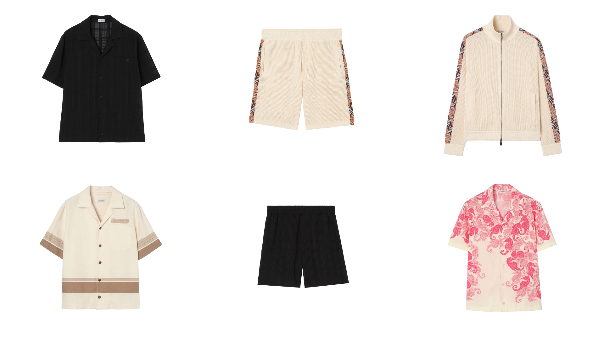 A collage of six images, all showcasing select pieces from the Burberry High Summer 2026 Men's range