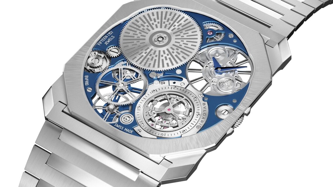 Bvlgari Octo Finissimo Ultra Tourbillon in platinum with blue accents.