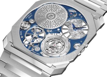 Bvlgari Octo Finissimo Ultra Tourbillon in platinum with blue accents.