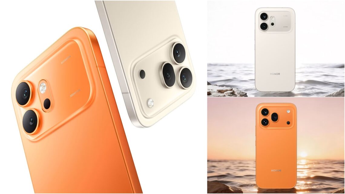 A collage of three images, showcasing the back side of the HONOR 600 Series mobile phones