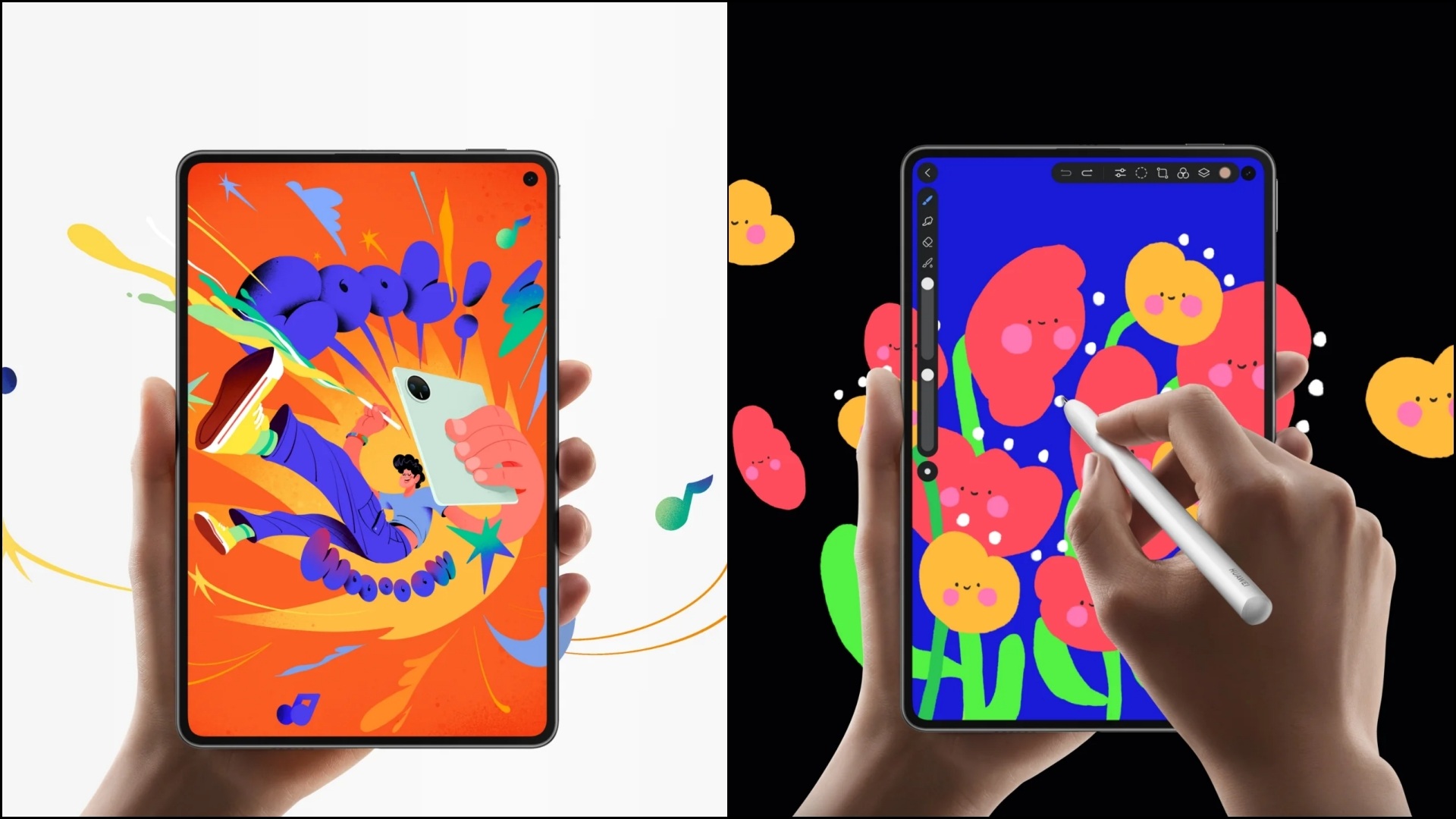 A collage of two images, both showcasing the brightness of the screen of the HUAWEI MatePad Mini. One also has the pencil being used