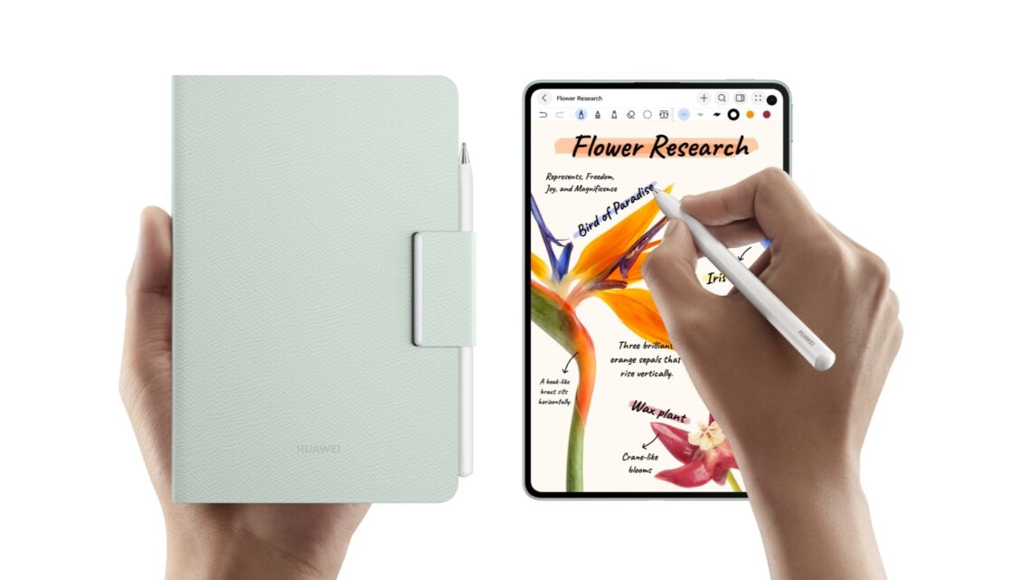 The HUAWEI MatePad Mini tablet shown in its cover and with the pencil on screen