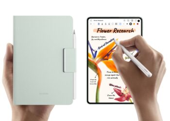 The HUAWEI MatePad Mini tablet shown in its cover and with the pencil on screen