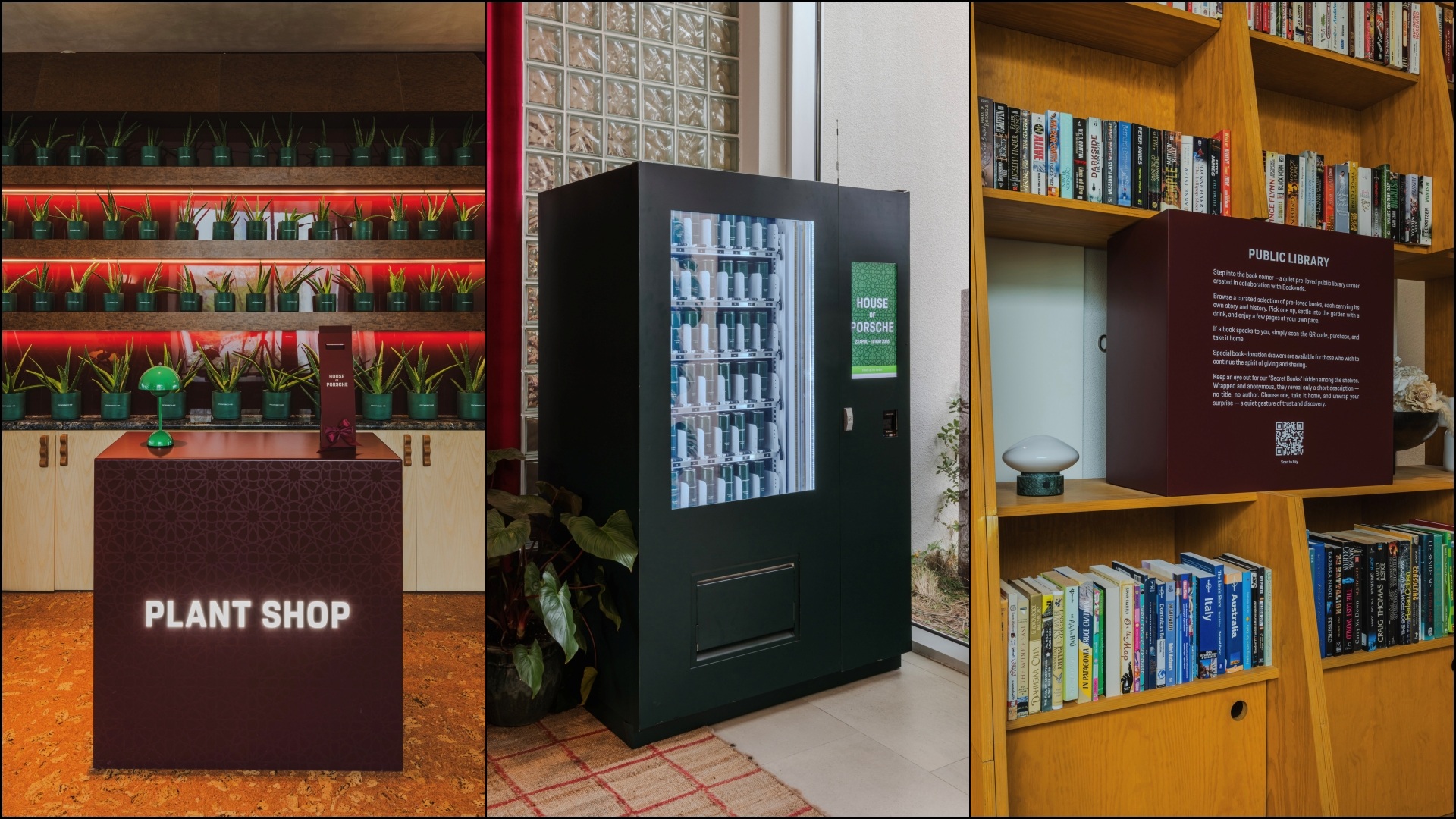 A collage of three images, showcasing the plant shot, a vending machine and the library at House of Porsche at Paus Club Dubai