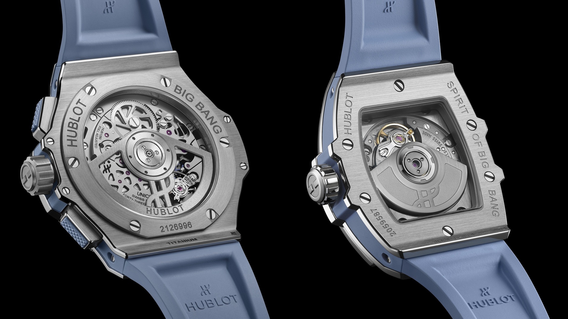 The Big Bang Original Unico Titanium Coal Blue and Spirit of Big Bang Titanium Coal Blue caseback view.