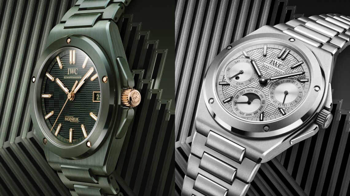 IWC Schaffhausen Ingenieur Automatic 42 in Dark Olive Green Ceramic and Ingenieur Perpetual Calendar 41 crafted with a lightweight titanium case and bracelet.
