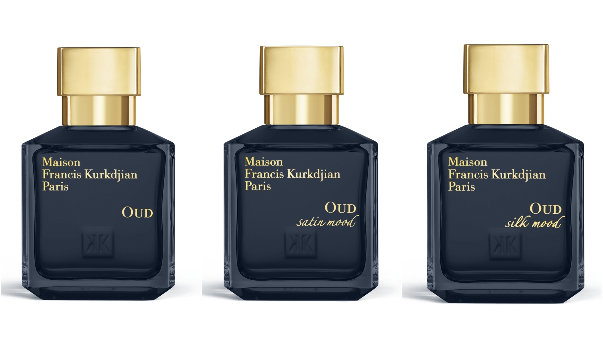 The Eau de Parfum range of the Maison Francis Kurkdjian OUD Collection - OUD, Satin, and Silk