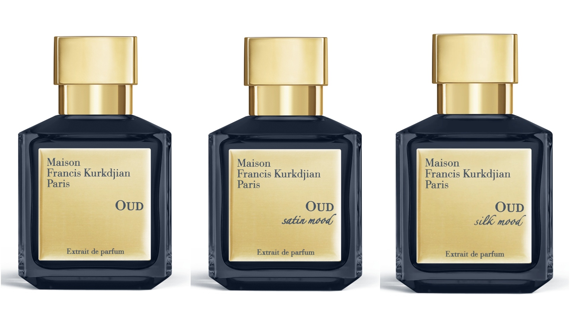 The Extrait de Parfum range of the Maison Francis Kurkdjian OUD Collection - OUD, Satin, and Silk