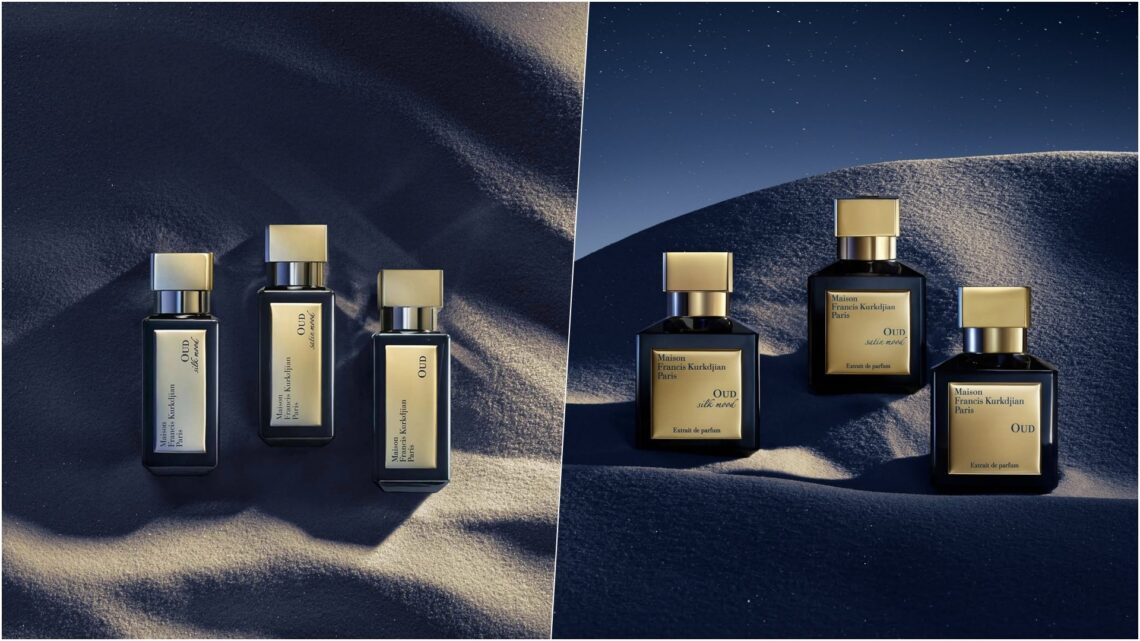 A collage of two images, showcasing different sizes available in the Maison Francis Kurkdjian OUD Collection