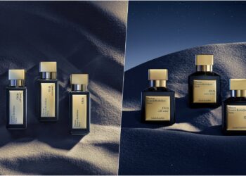 A collage of two images, showcasing different sizes available in the Maison Francis Kurkdjian OUD Collection
