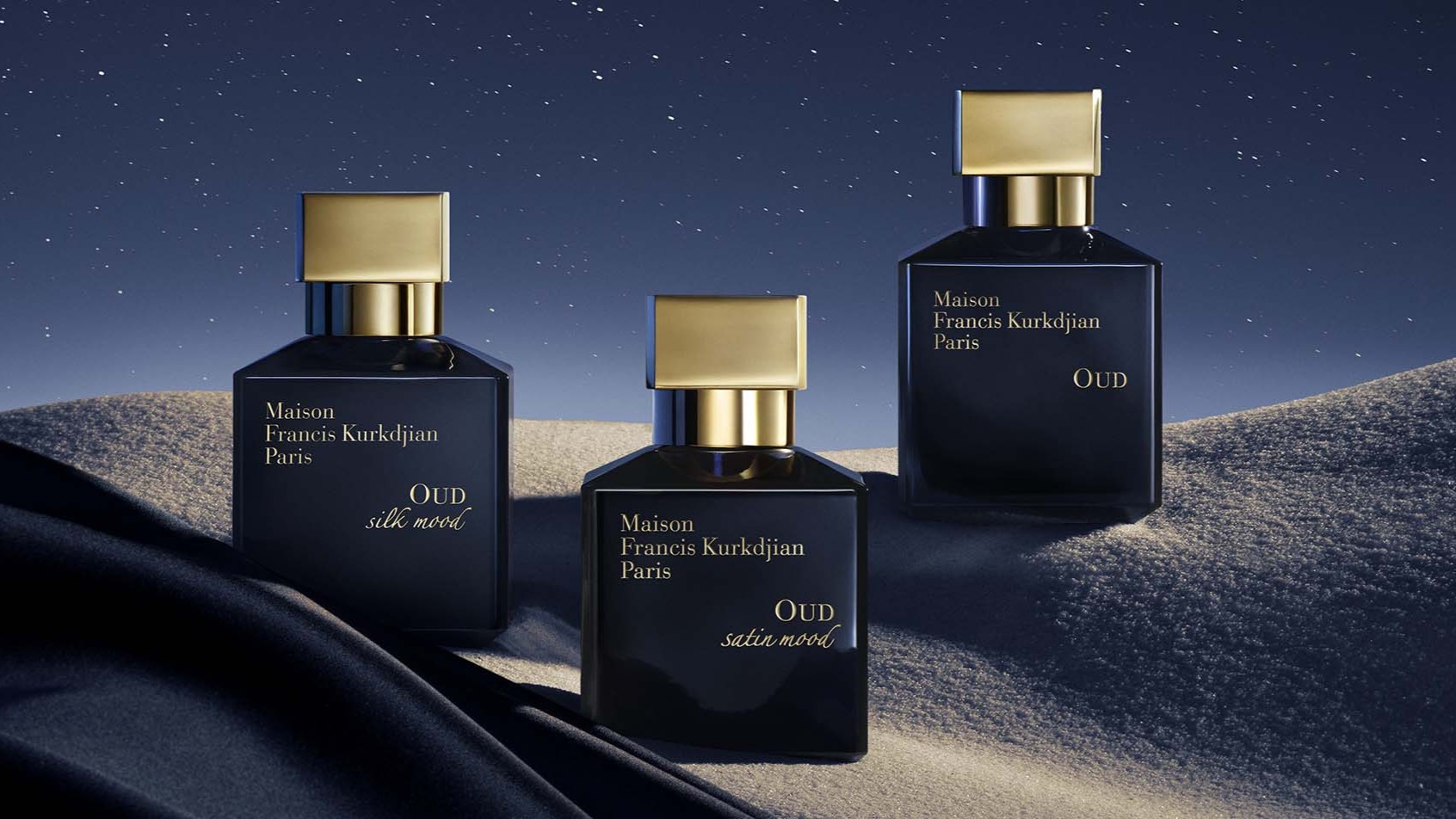 The Eau de Parfum range of the Maison Francis Kurkdjian OUD Collection - OUD, Satin, and Silk