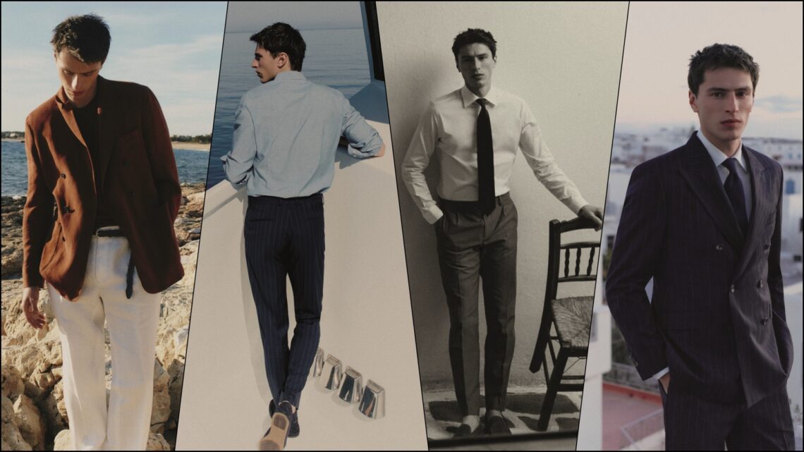 A collage of four images with a model wearing select pieces from the new Mango Selection Man range