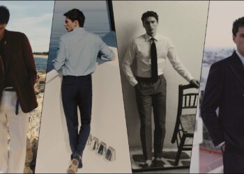 A collage of four images with a model wearing select pieces from the new Mango Selection Man range