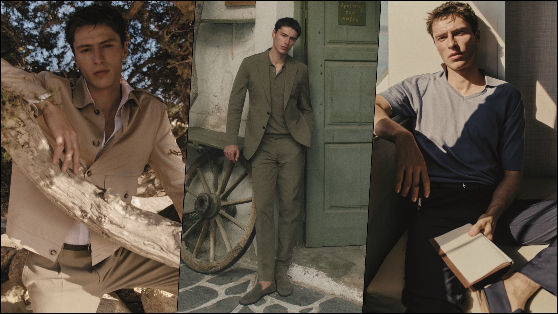A collage of three images with a model wearing select pieces from the new Mango Selection Man range