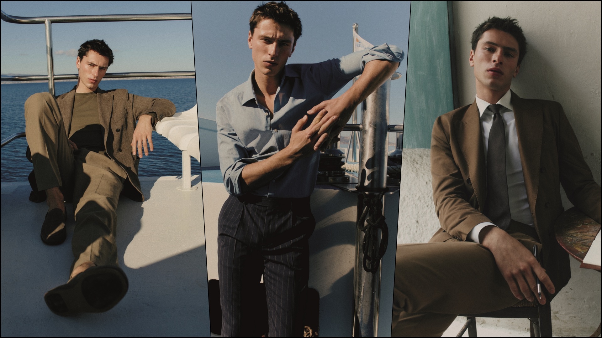A collage of three images with a model wearing select pieces from the new Mango Selection Man range