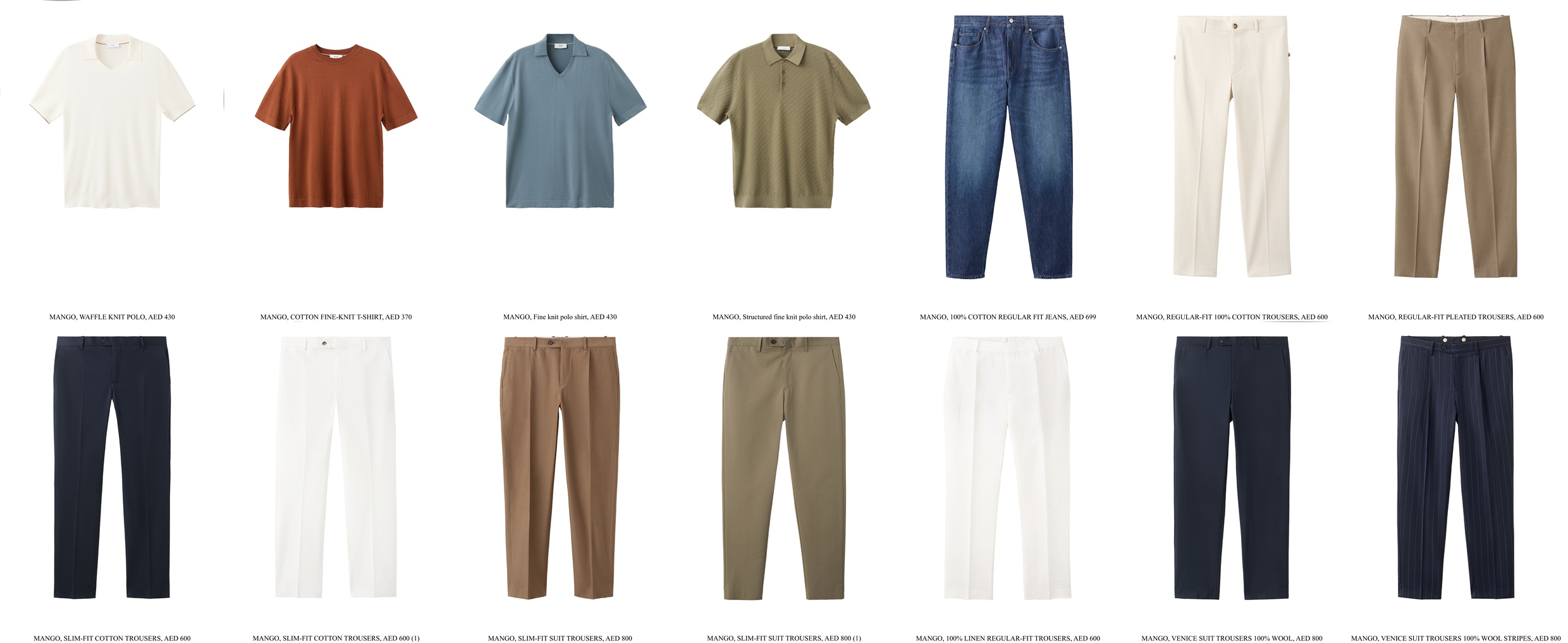 A collage of apparel range, t-shirts and trousers, part of the new Mango Selection Man