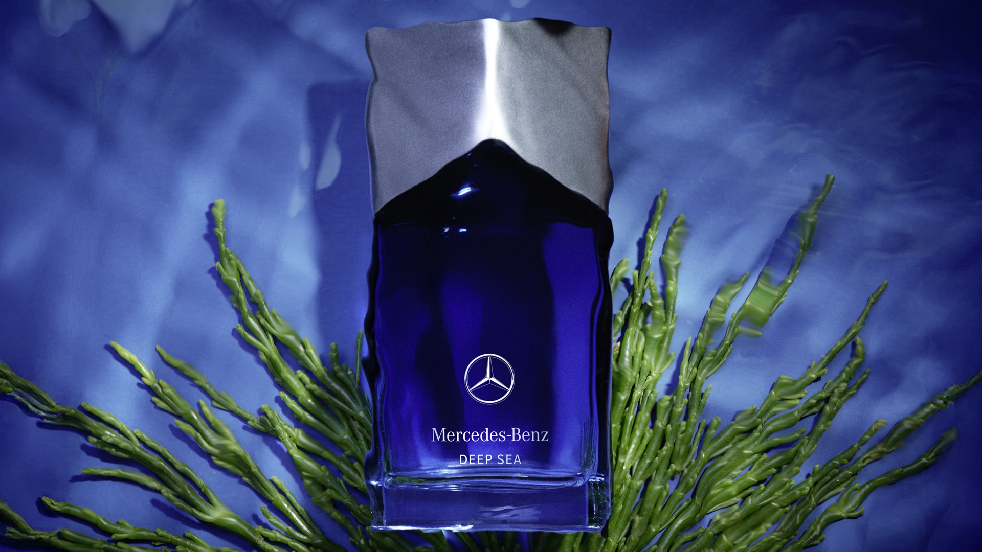 An image of the new Mercedes-Benz DEEP SEA bottle immersed in water with some underwater greenery.