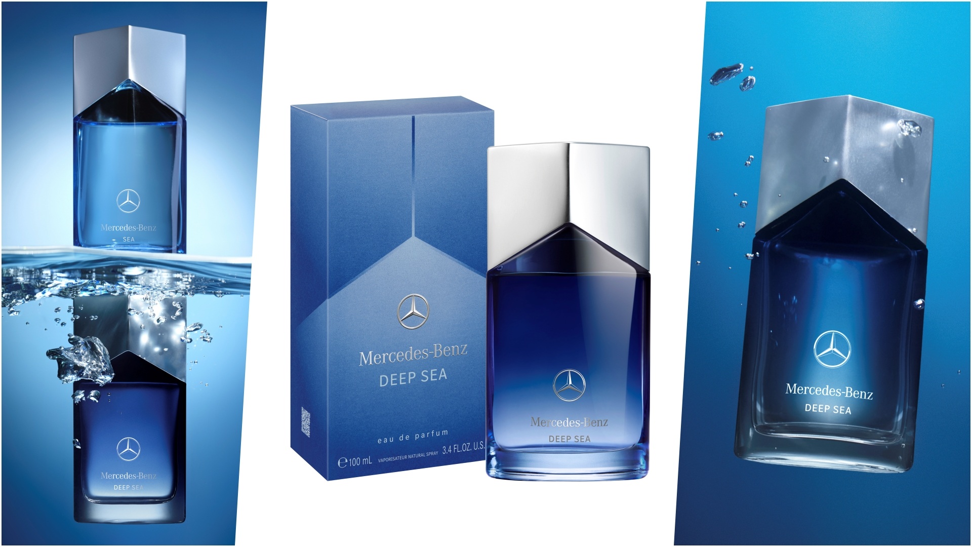 A collage of three images for the Mercedes-Benz DEEP SEA, with a bottle and its reflection in water, a bottle with its outer box, and a bottle immersed in water.