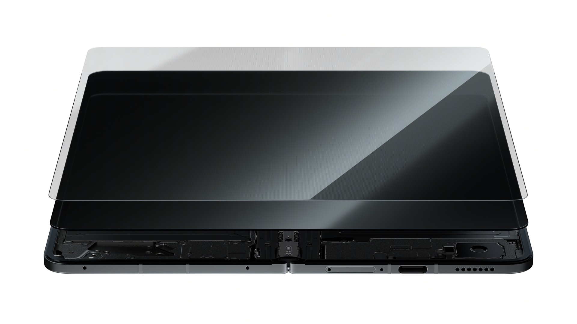 An open OPPO Find N6 with the its screen protection film on top.