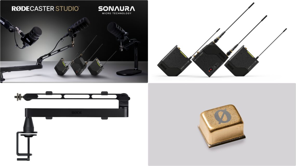 A collage of RODE's new products, including the RODELink II, Sonaura Tech, and accessories