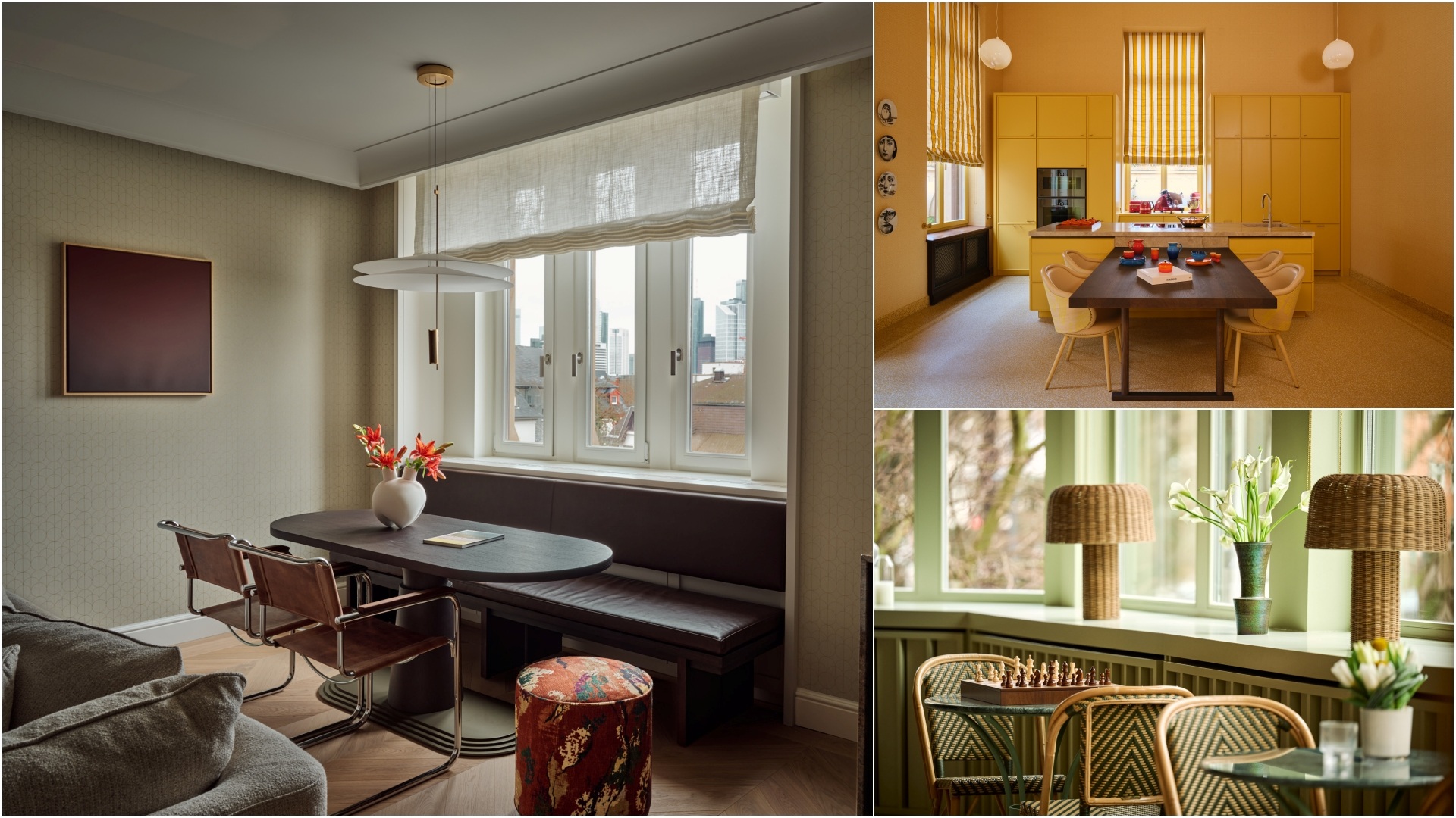 A collage of three separate sections inside THE FLORENTIN by Althoff Collection - Villa Room, Winter Garten, and Villa Kaffee Kueche
