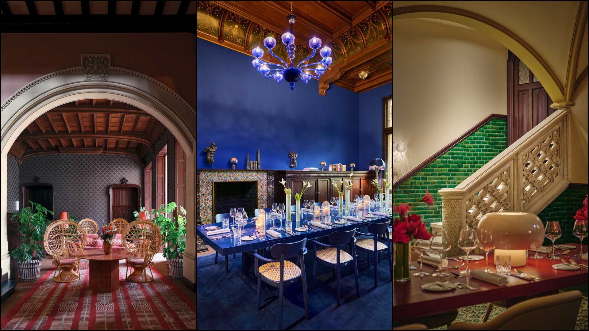 A collage of three separate sections inside THE FLORENTIN by Althoff Collection - Wine Lounge, Villa Loby, and Blauer Salon