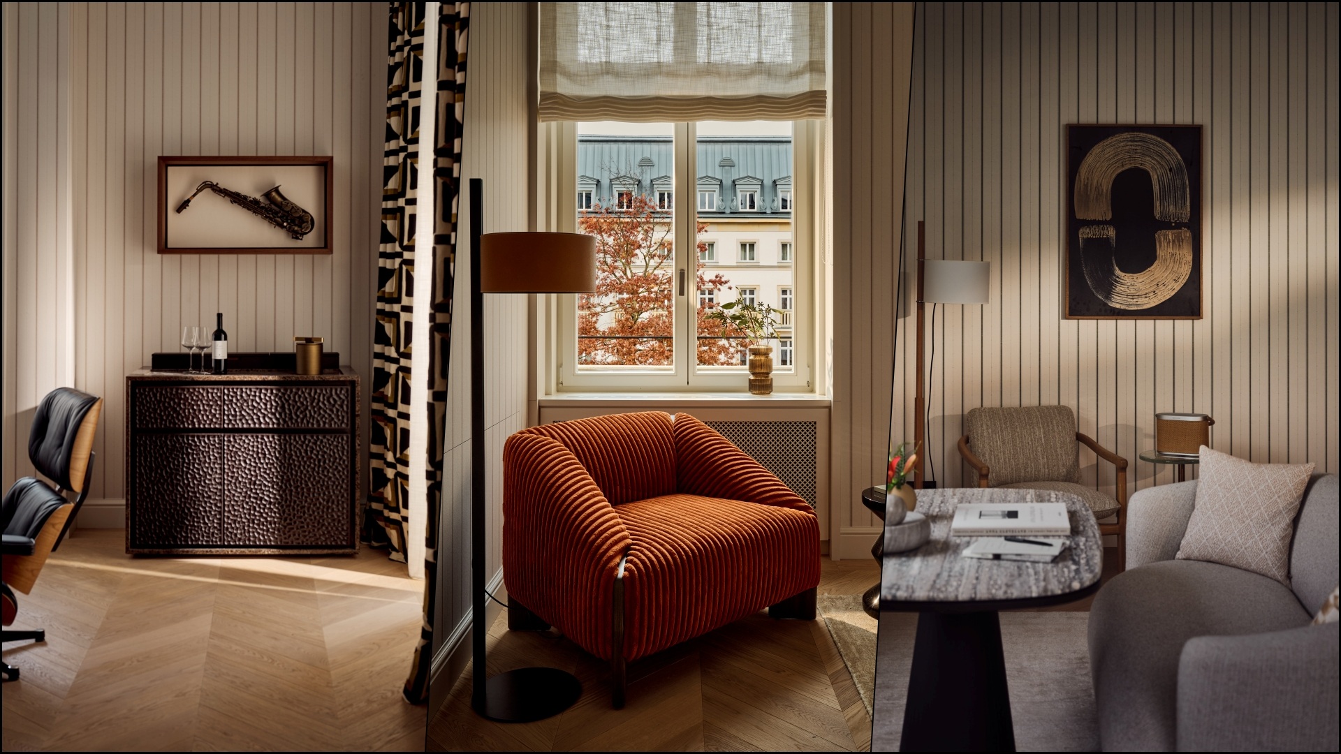A collage of two room types inside THE FLORENTIN by Althoff Collection - The Philosopher Suite and Jazz Musician