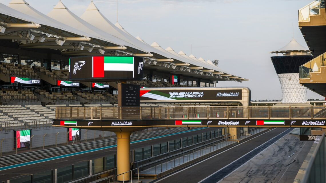 An image taken from the pits of the main straight at Yas Marina Circuit