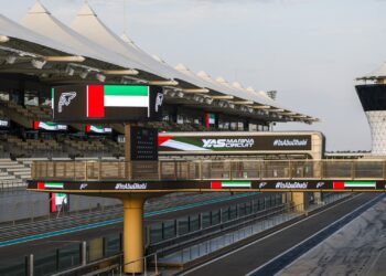An image taken from the pits of the main straight at Yas Marina Circuit