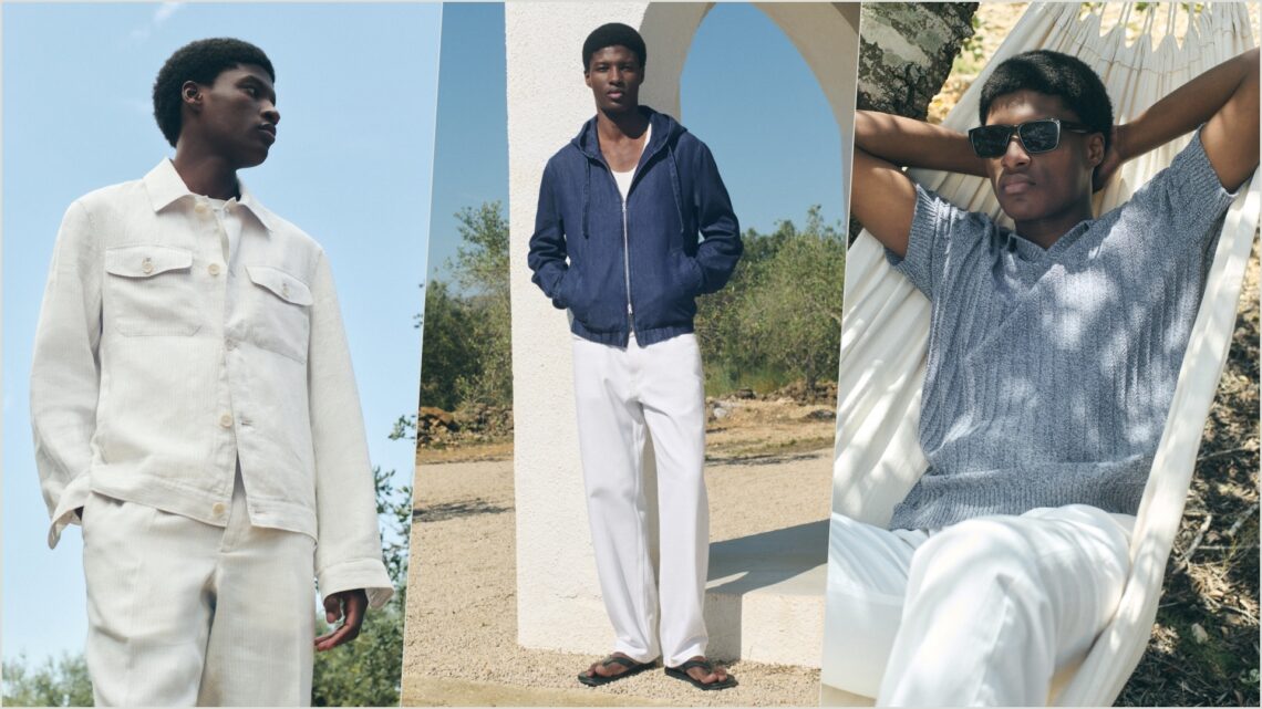 A collage of three images, all featuring a model wearing select pieces from the 2026 Mango Man Summer Collection