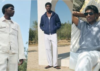 A collage of three images, all featuring a model wearing select pieces from the 2026 Mango Man Summer Collection