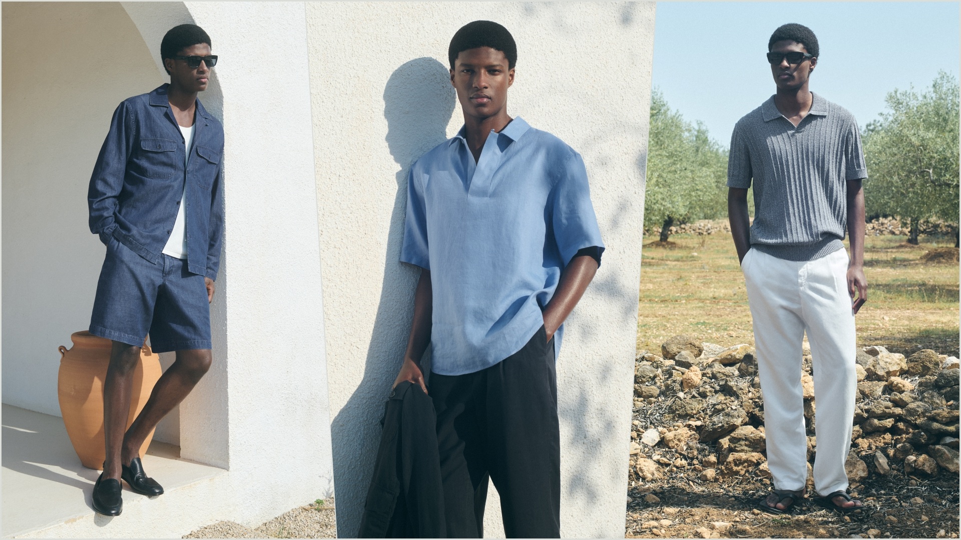 A collage of three images, all featuring a model wearing select pieces from the 2026 Mango Man Summer Collection