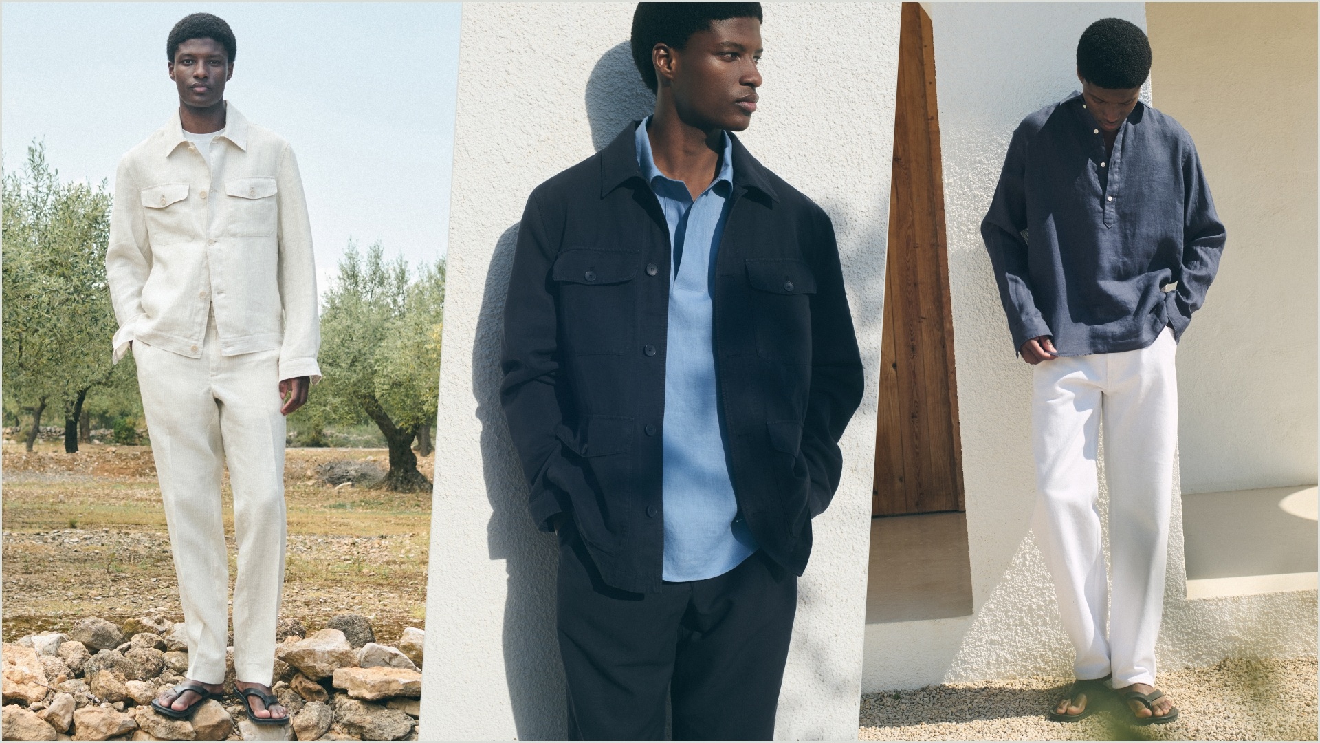 A collage of three images, all featuring a model wearing select pieces from the 2026 Mango Man Summer Collection