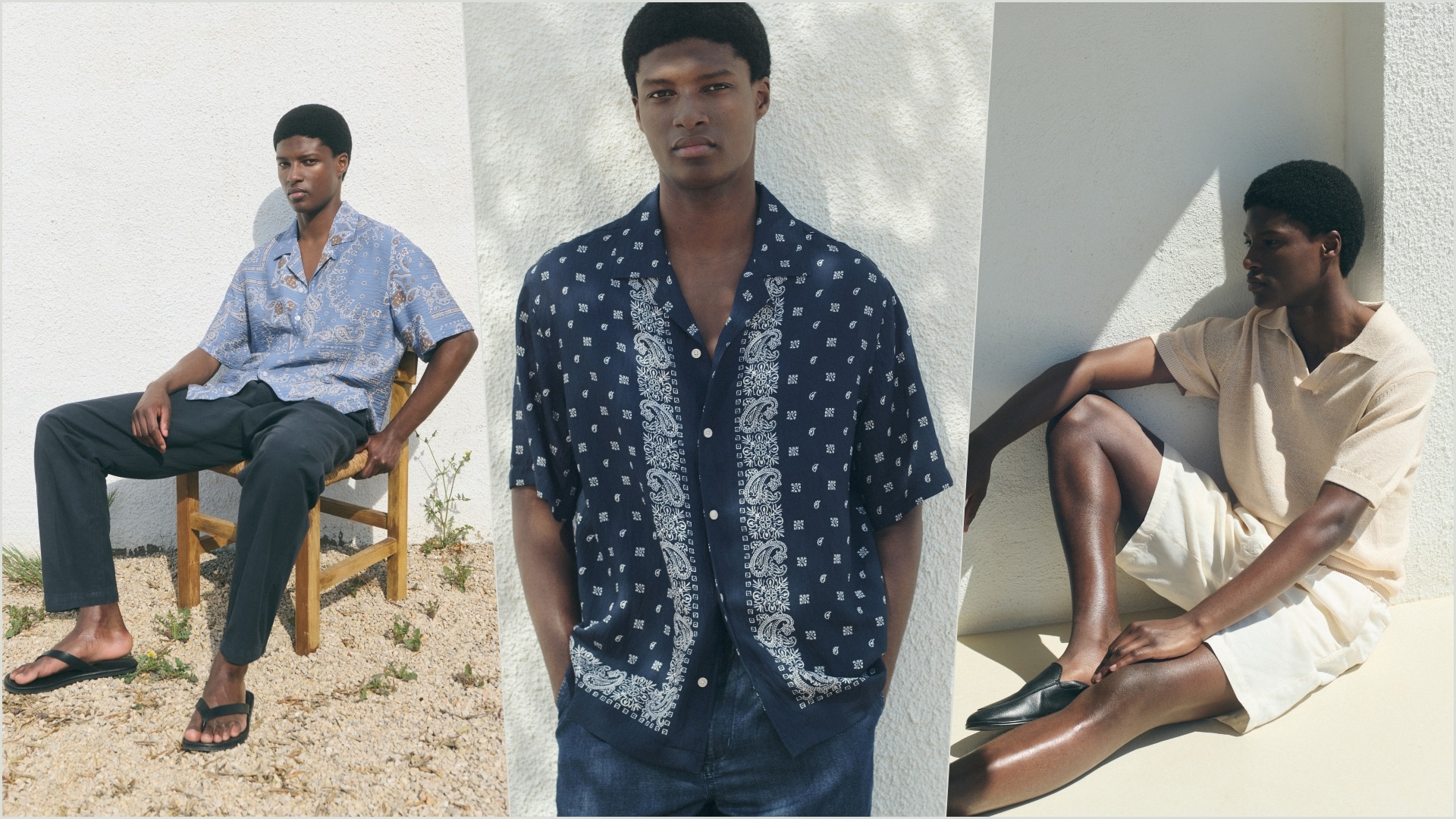 A collage of three images, all featuring a model wearing select pieces from the 2026 Mango Man Summer Collection