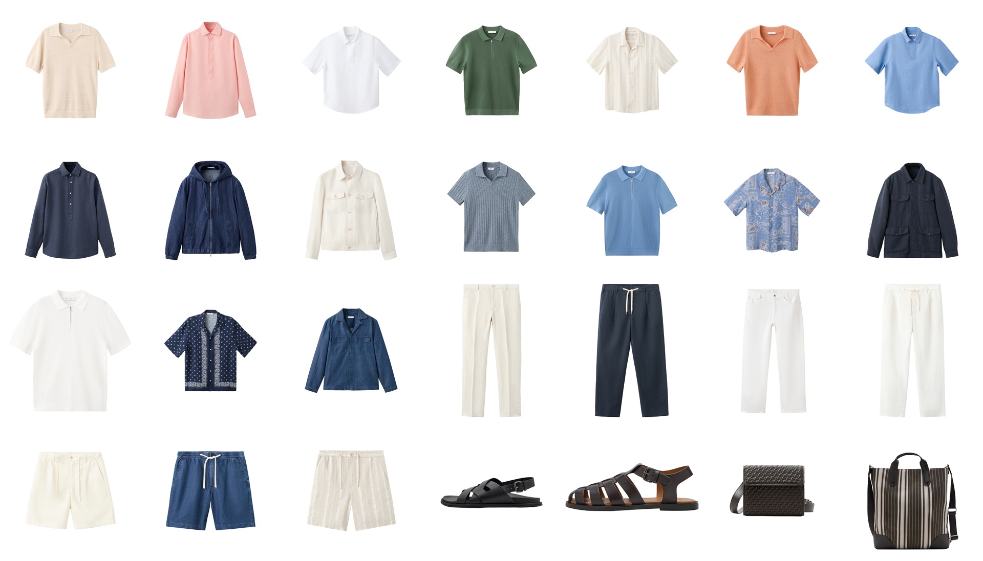 A collage of apparel and accessories that are part of the 2026 Mango Man Summer Collection